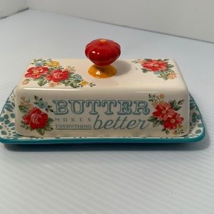 Pioneer Woman “Butter Makes Everything Better “ Butter Dish Roses Stoneware Teal